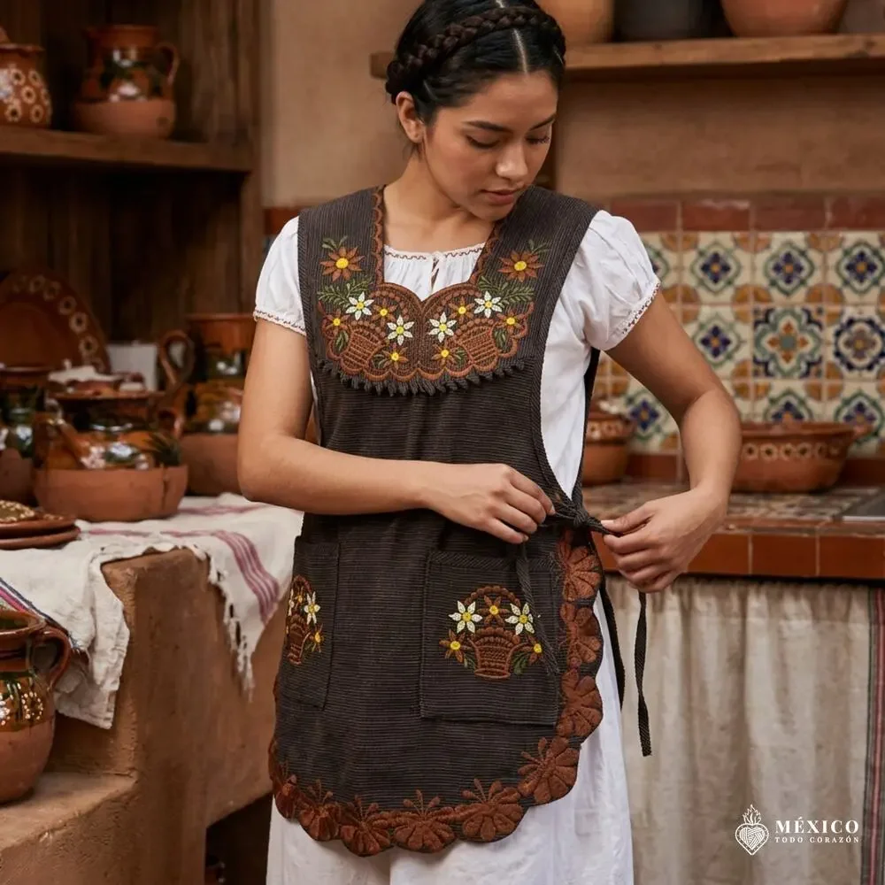 Brown Mexican Embroidered Smock Apron – Floral Traditional Design